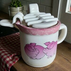 Vintage grease crock strainer whimsical pink pigs heavy glazed ceramic 5.5”